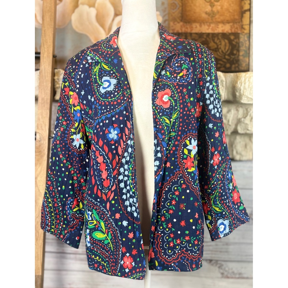 Alfred Dunner Navy Blue Multi Color Floral Pleated Blazer Jacket Size 10